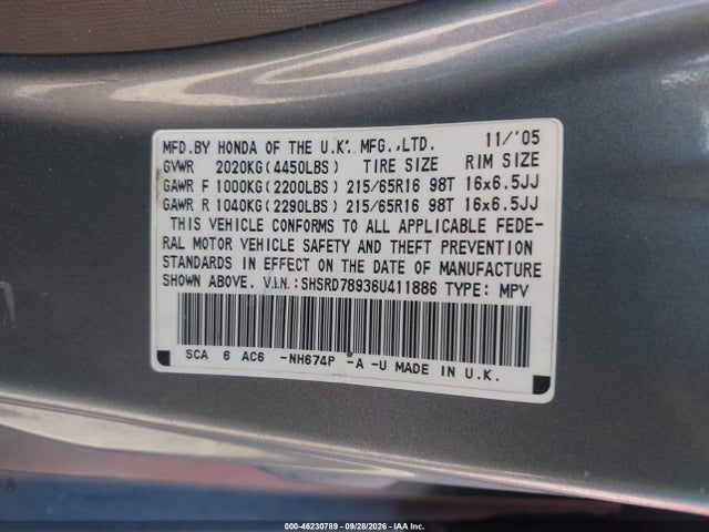 Aukcja sprzedaży 2006 Honda Cr-v Se, vin: SHSRD78936U411886, numer aukcji: 46230789