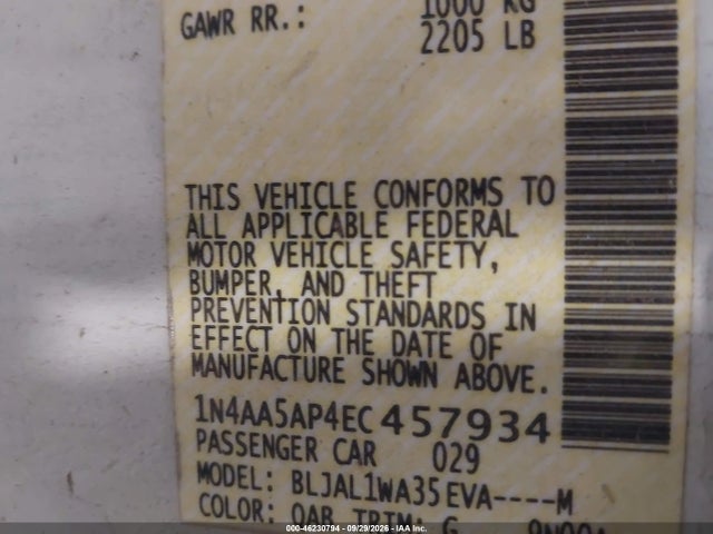 Aukcja sprzedaży 2014 Nissan Maxima 3.5 Sv, vin: 1N4AA5AP4EC457934, numer aukcji: 46230794