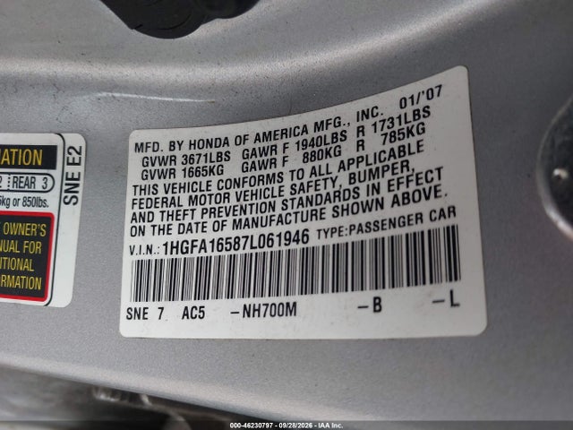 Продаж на аукціоні авто 2007 Honda Civic Lx, vin: 1HGFA16587L061946, номер лоту: 46230797