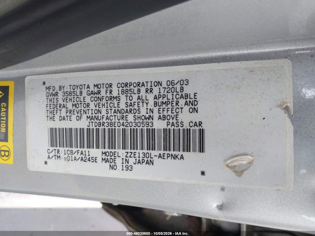 Продажа на аукционе авто 2004 Toyota Corolla Le, vin: JTDBR38E042030593, номер лота: 46230800