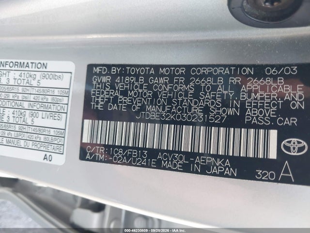 Продажа на аукционе авто 2003 Toyota Camry Le, vin: JTDBE32K030231527, номер лота: 46230809