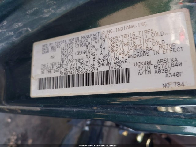 2002 Toyota Tundra Ltd V8 მანქანა იყიდება აუქციონზე, vin: 5TBBT48182S322379, აუქციონის ნომერი: 46230811