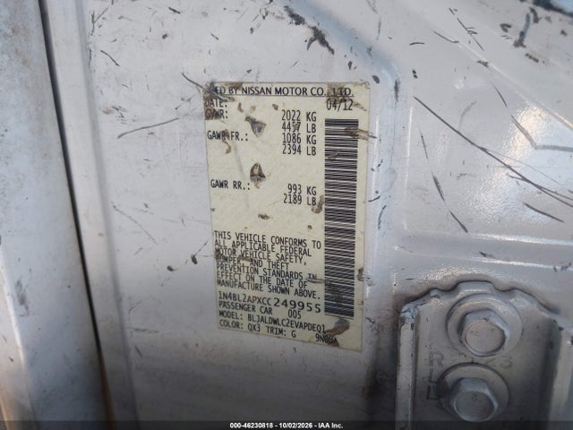 Aukcja sprzedaży 2012 Nissan Altima 3.5 Sr, vin: 1N4BL2APXCC249955, numer aukcji: 46230818