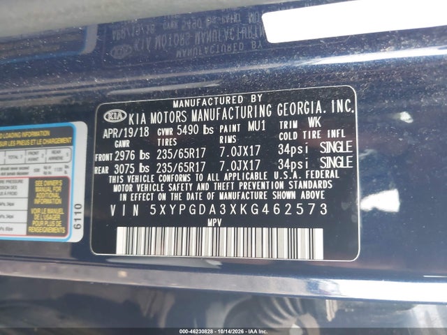Продаж на аукціоні авто 2019 Kia Sorento 2.4l Lx, vin: 5XYPGDA3XKG462573, номер лоту: 46230828