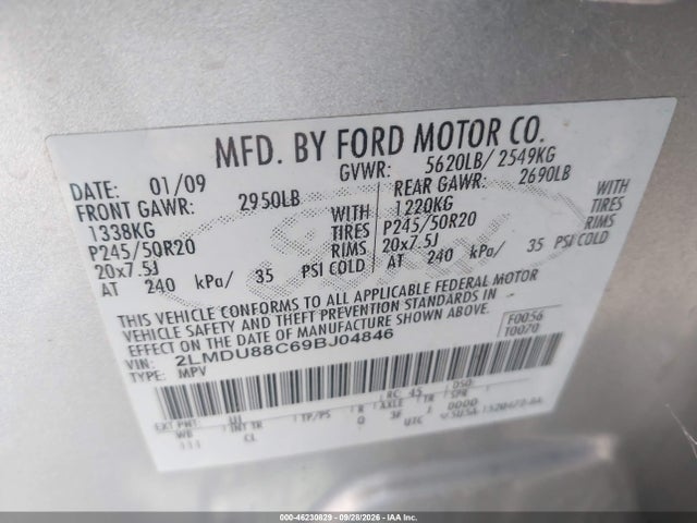 Aukcja sprzedaży 2009 Lincoln Mkx, vin: 2LMDU88C69BJ04846, numer aukcji: 46230829