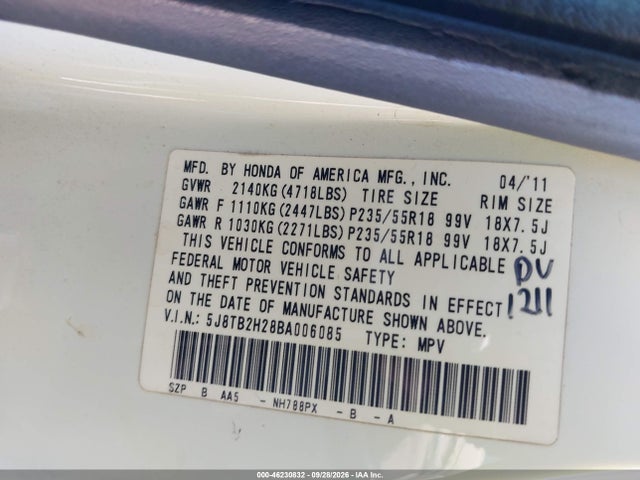 Aukcja sprzedaży 2011 Acura Rdx, vin: 5J8TB2H28BA006085, numer aukcji: 46230832