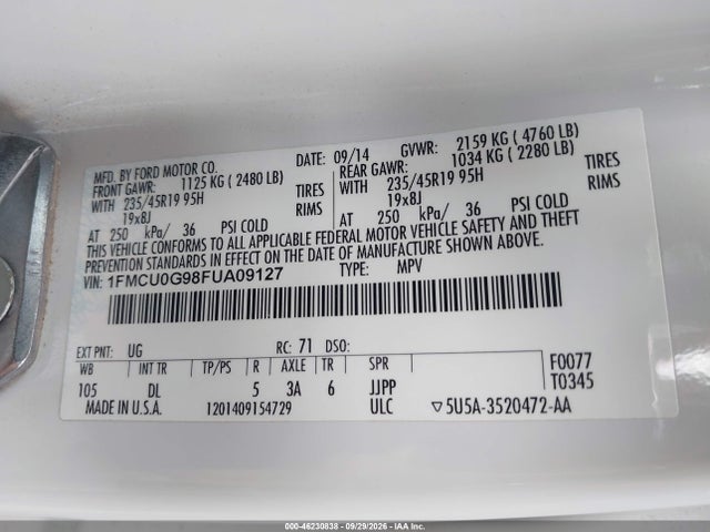 2015 Ford Escape Se მანქანა იყიდება აუქციონზე, vin: 1FMCU0G98FUA09127, აუქციონის ნომერი: 46230838