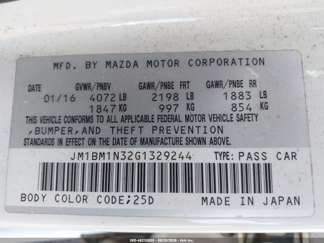 2016 Mazda Mazda3 S Grand Touring მანქანა იყიდება აუქციონზე, vin: JM1BM1N32G1329244, აუქციონის ნომერი: 46230855