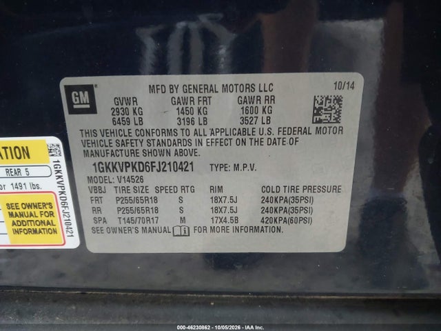 2015 Gmc Acadia Sle-2 მანქანა იყიდება აუქციონზე, vin: 1GKKVPKD6FJ210421, აუქციონის ნომერი: 46230862