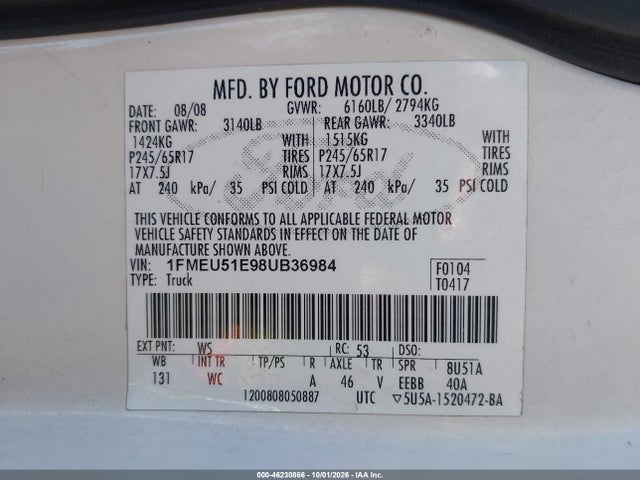 2008 Ford Explorer Sport Trac Xlt მანქანა იყიდება აუქციონზე, vin: 1FMEU51E98UB36984, აუქციონის ნომერი: 46230866