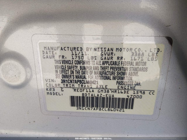 Продажа на аукционе авто 2012 Nissan Versa 1.6 S, vin: 3N1CN7AP8CL860421, номер лота: 46230873