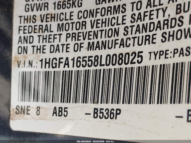 Продаж на аукціоні авто 2008 Honda Civic Lx, vin: 1HGFA16558L008025, номер лоту: 46230882
