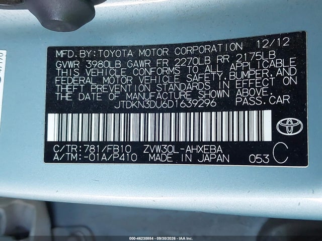 46230884 :رقم المزاد ، JTDKN3DU6D1639296 vin ، 2013 Toyota Prius Two مزاد بيع
