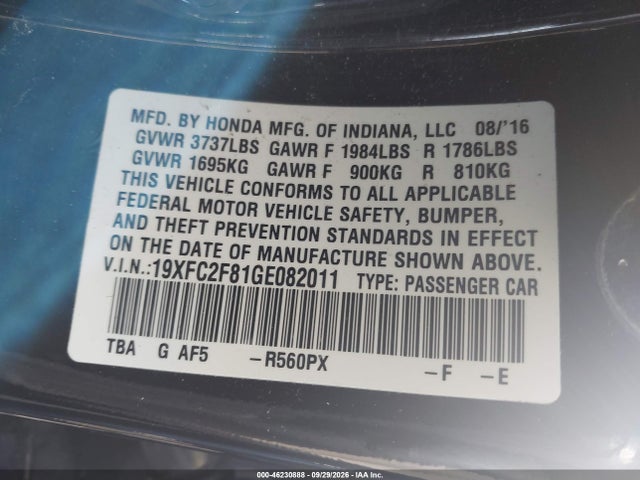 46230888 :رقم المزاد ، 19XFC2F81GE082011 vin ، 2016 Honda Civic Ex مزاد بيع
