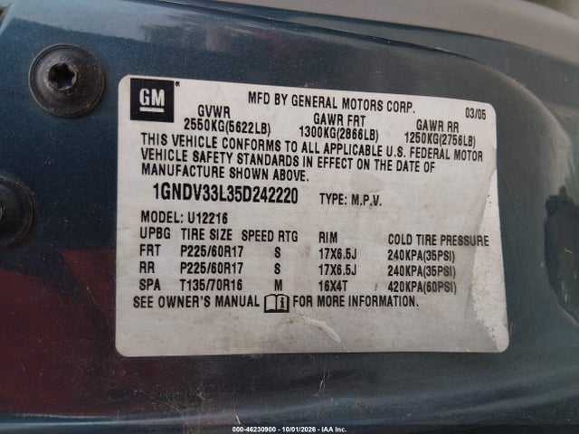 2005 Chevrolet Uplander Lt მანქანა იყიდება აუქციონზე, vin: 1GNDV33L35D242220, აუქციონის ნომერი: 46230900