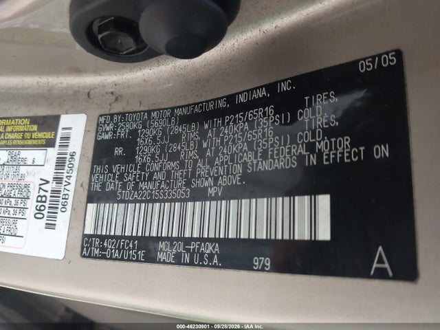 2005 Toyota Sienna Xle მანქანა იყიდება აუქციონზე, vin: 5TDZA22C15S335053, აუქციონის ნომერი: 46230901