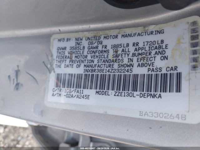 46230907 :رقم المزاد ، 1NXBR38E14Z232245 vin ، 2004 Toyota Corolla Le مزاد بيع