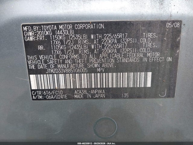 Aukcja sprzedaży 2008 Toyota Rav4, vin: JTMZD33V885106005, numer aukcji: 46230912