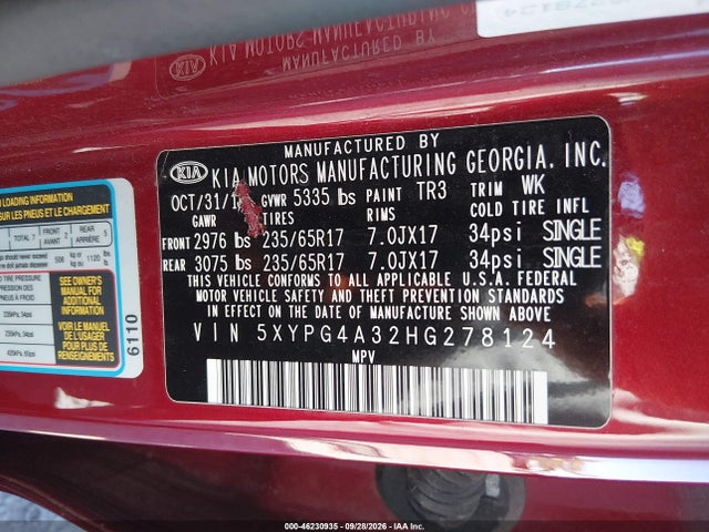 2017 Kia Sorento 2.4l Lx მანქანა იყიდება აუქციონზე, vin: 5XYPG4A32HG278124, აუქციონის ნომერი: 46230935