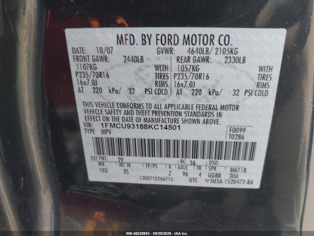 Продаж на аукціоні авто 2008 Ford Escape Xlt, vin: 1FMCU93188KC14501, номер лоту: 46230953