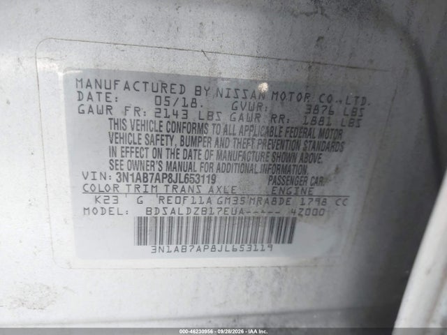 46230956 :رقم المزاد ، 3N1AB7AP8JL653119 vin ، 2018 Nissan Sentra Sv مزاد بيع