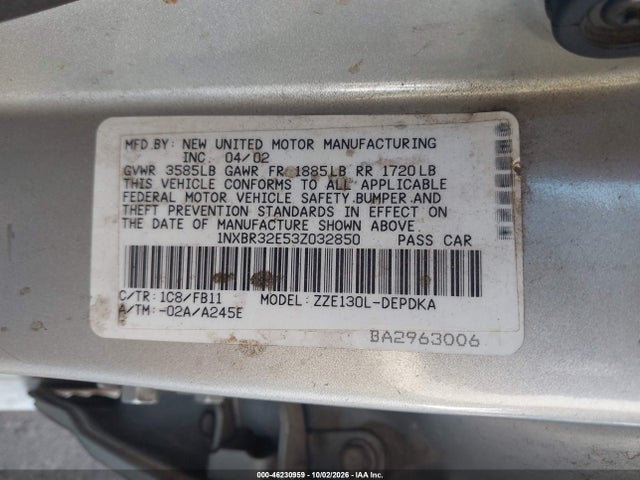 Aukcja sprzedaży 2003 Toyota Corolla Ce, vin: 1NXBR32E53Z032850, numer aukcji: 46230959