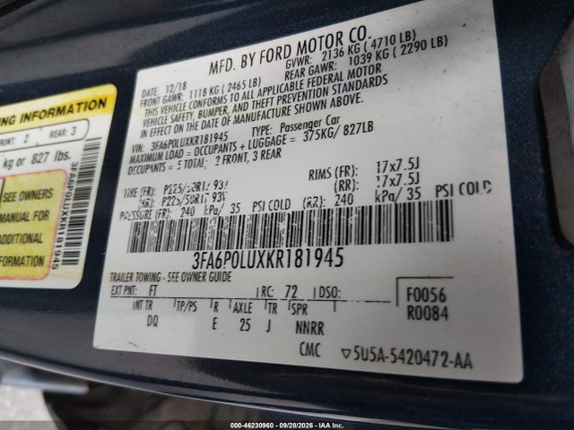 2019 Ford Fusion Hybrid Se მანქანა იყიდება აუქციონზე, vin: 3FA6P0LUXKR181945, აუქციონის ნომერი: 46230960