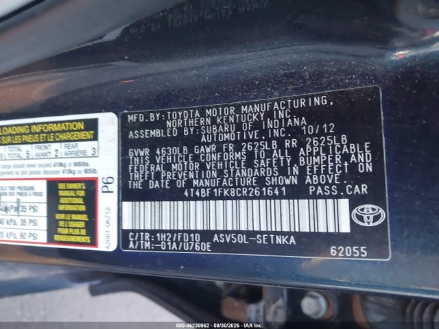 Aukcja sprzedaży 2012 Toyota Camry Le, vin: 4T4BF1FK8CR261641, numer aukcji: 46230962