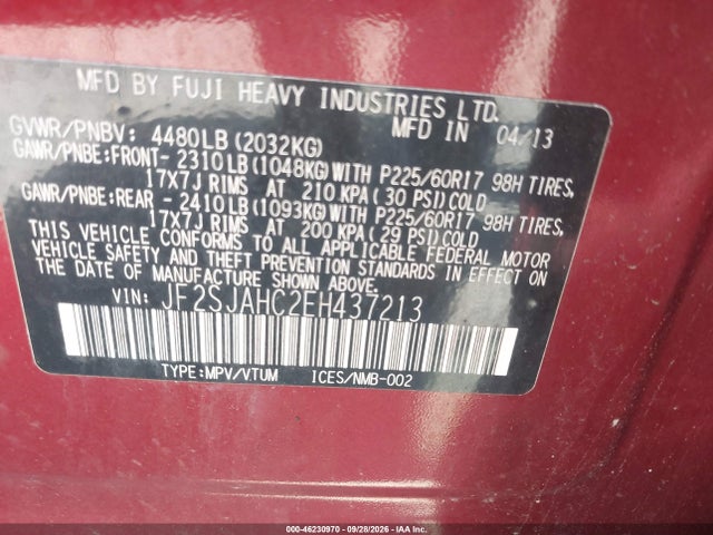 2014 Subaru Forester 2.5i Limited მანქანა იყიდება აუქციონზე, vin: JF2SJAHC2EH437213, აუქციონის ნომერი: 46230970