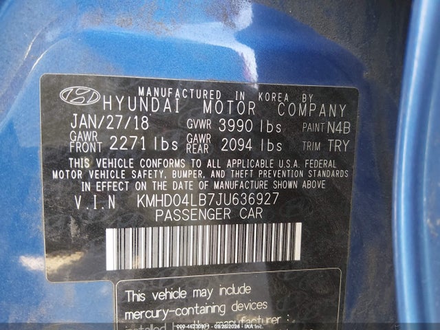 2018 Hyundai Elantra Sport მანქანა იყიდება აუქციონზე, vin: KMHD04LB7JU636927, აუქციონის ნომერი: 46230971