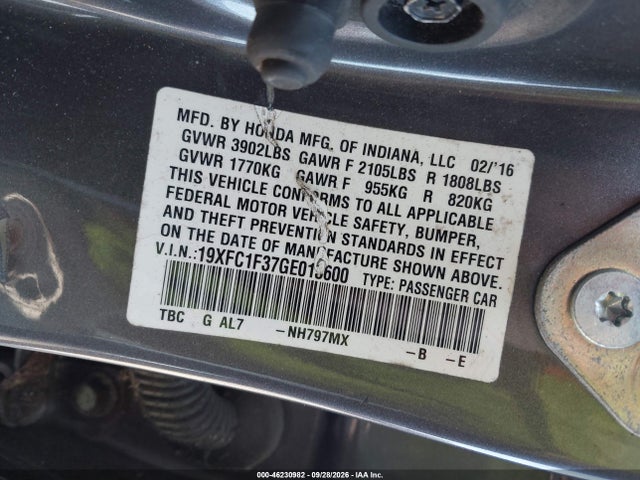 Aukcja sprzedaży 2016 Honda Civic Ex-t, vin: 19XFC1F37GE013600, numer aukcji: 46230982