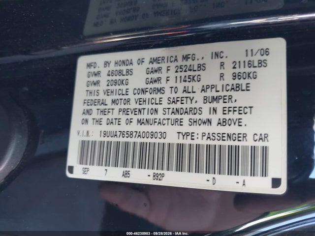 2007 Acura Tl Type S მანქანა იყიდება აუქციონზე, vin: 19UUA76587A009030, აუქციონის ნომერი: 46230983