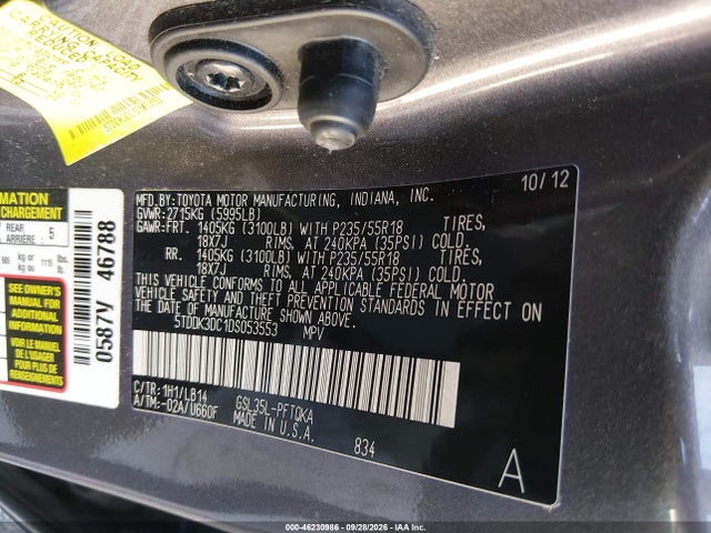 2013 Toyota Sienna Xle 7 Passenger მანქანა იყიდება აუქციონზე, vin: 5TDDK3DC1DS053553, აუქციონის ნომერი: 46230986