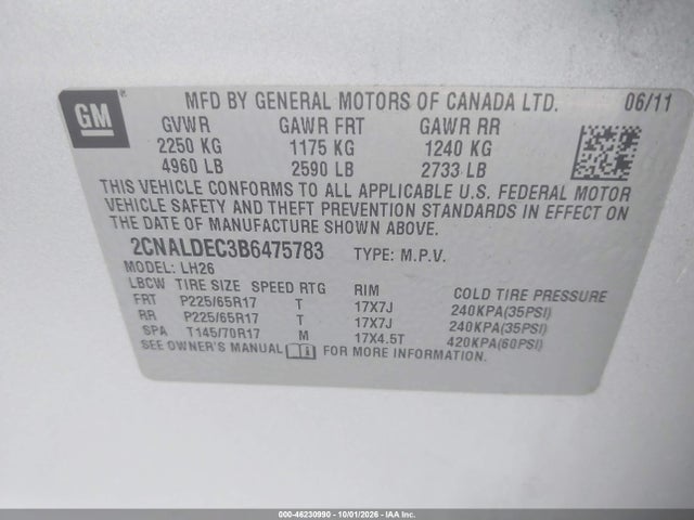 Aukcja sprzedaży 2011 Chevrolet Equinox 1lt, vin: 2CNALDEC3B6475783, numer aukcji: 46230990