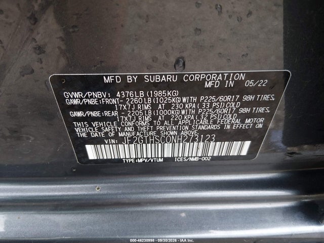 Auction sale of the 2022 Subaru Crosstrek Sport, vin: JF2GTHSC0NH273123, lot number: 46230998
