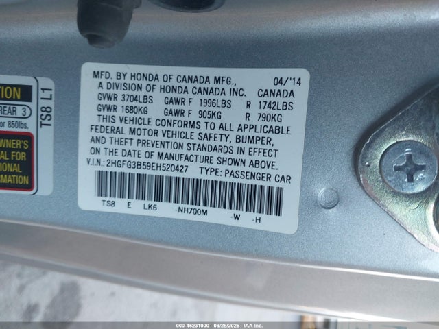 Продажа на аукционе авто 2014 Honda Civic Lx, vin: 2HGFG3B59EH520427, номер лота: 46231000
