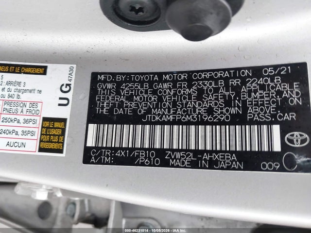 Aukcja sprzedaży 2021 Toyota Prius Prime Le, vin: JTDKAMFP6M3196290, numer aukcji: 46231014