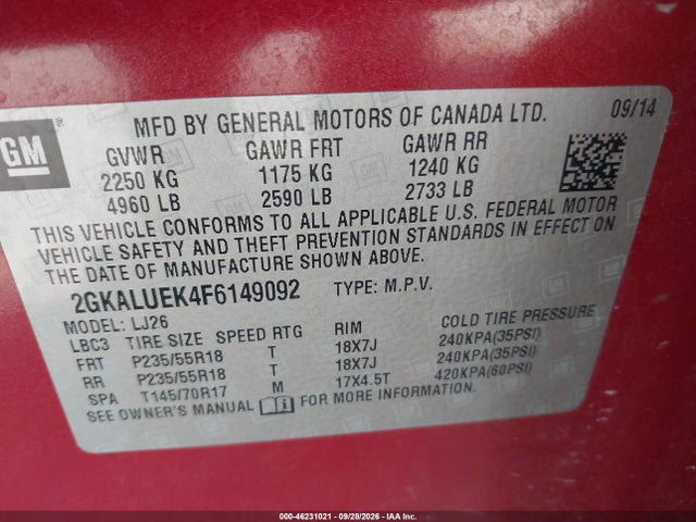 Aukcja sprzedaży 2015 Gmc Terrain Denali, vin: 2GKALUEK4F6149092, numer aukcji: 46231021