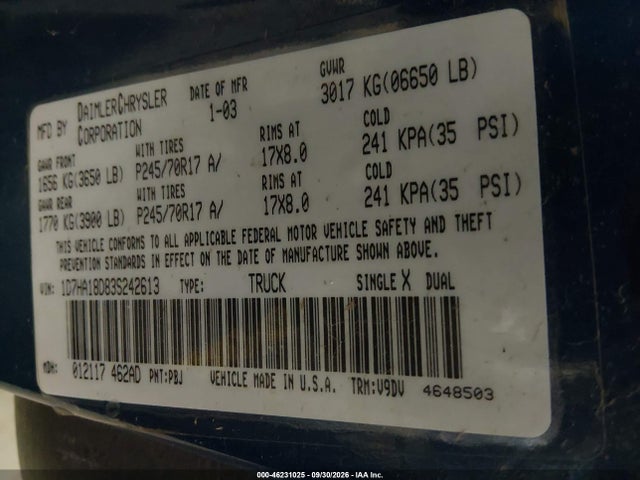 46231025 :رقم المزاد ، 1D7HA18D83S242613 vin ، 2003 Dodge Ram 1500 Slt/laramie/st مزاد بيع