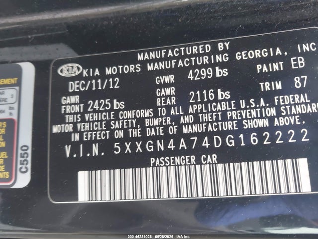 46231026 :رقم المزاد ، 5XXGN4A74DG162222 vin ، 2013 Kia Optima Ex مزاد بيع