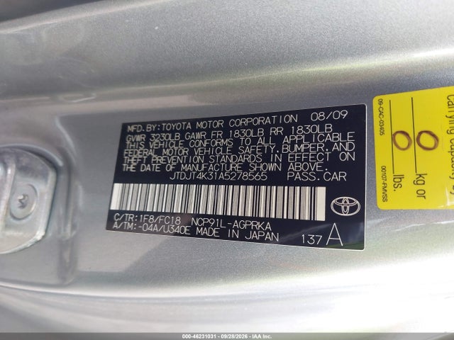 Aukcja sprzedaży 2010 Toyota Yaris, vin: JTDJT4K31A5278565, numer aukcji: 46231031