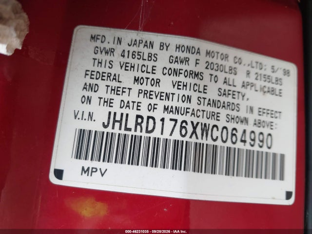 Продажа на аукционе авто 1998 Honda Cr-v Ex, vin: JHLRD176XWC064990, номер лота: 46231035