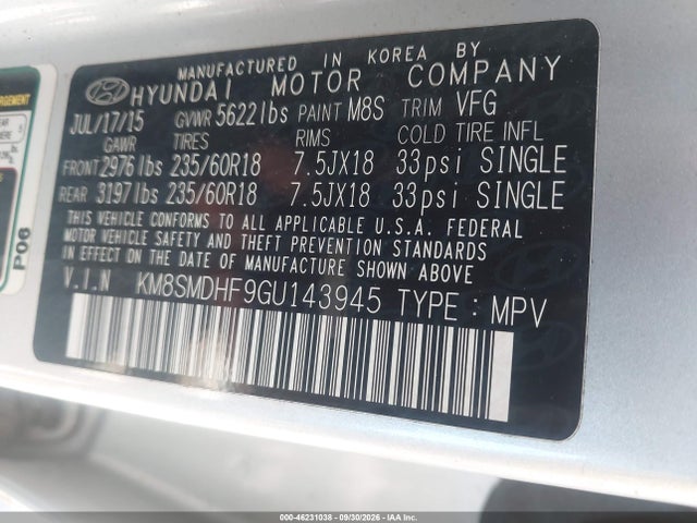 Aukcja sprzedaży 2016 Hyundai Santa Fe Se, vin: KM8SMDHF9GU143945, numer aukcji: 46231038