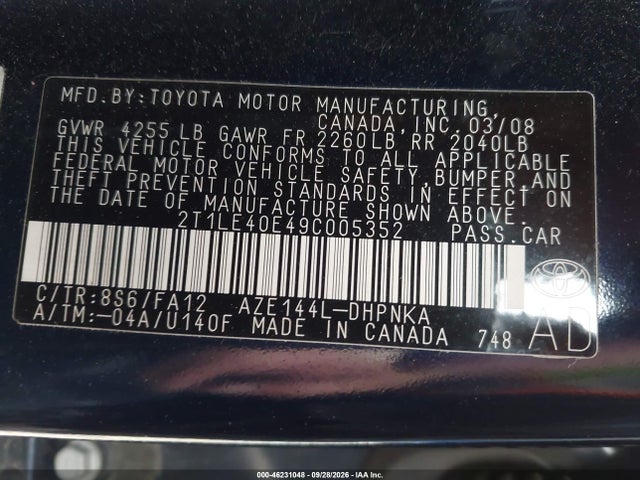 Продажа на аукционе авто 2009 Toyota Matrix S, vin: 2T1LE40E49C005352, номер лота: 46231048