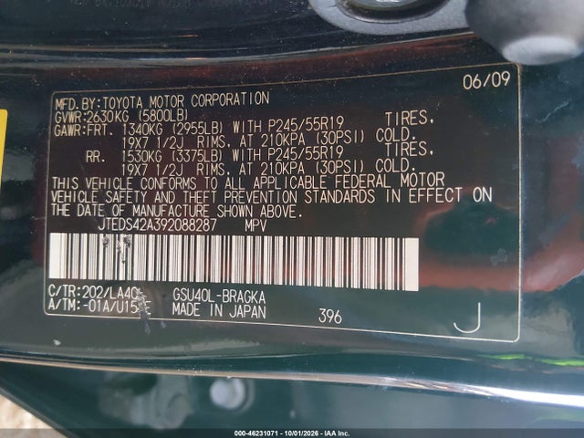 Продаж на аукціоні авто 2009 Toyota Highlander Limited, vin: JTEDS42A392088287, номер лоту: 46231071