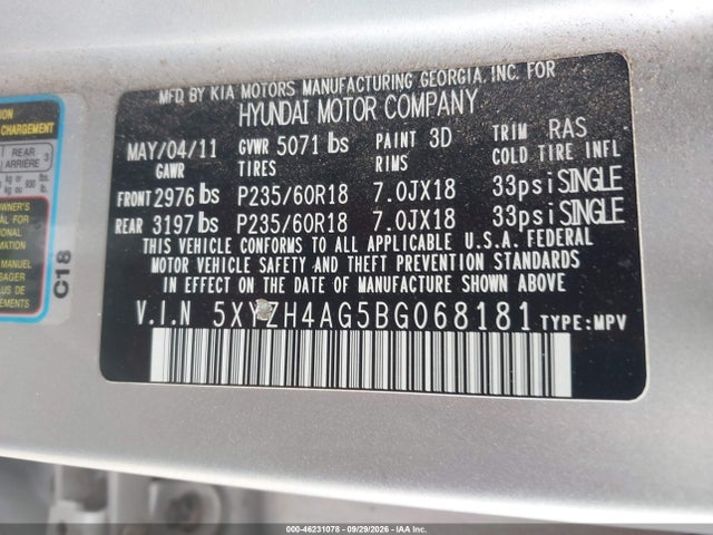 Aukcja sprzedaży 2011 Hyundai Santa Fe Se, vin: 5XYZH4AG5BG068181, numer aukcji: 46231078