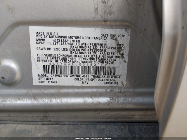 Aukcja sprzedaży 2013 Mitsubishi Outlander Sport Se, vin: 4A4AR4AU0DE009625, numer aukcji: 46231085