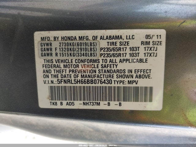Aukcja sprzedaży 2011 Honda Odyssey Ex-l, vin: 5FNRL5H66BB076430, numer aukcji: 46231087