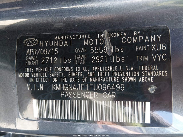 Aukcja sprzedaży 2015 Hyundai Genesis 5.0, vin: KMHGN4JF1FU096499, numer aukcji: 46231100