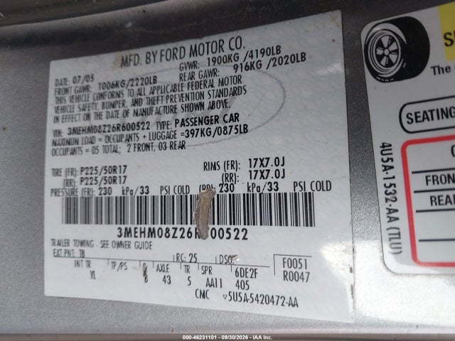 Продаж на аукціоні авто 2006 Mercury Milan I4 Premier, vin: 3MEHM08Z26R600522, номер лоту: 46231101